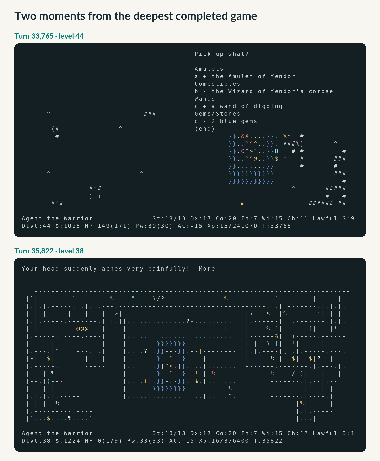 Top: on level 44, the pickup menu offers "the Amulet of Yendor" next to "the Wizard of Yendor's corpse". Bottom: the last screen of the game, killed by the Wizard's psychic blast at 0 of 179 health.